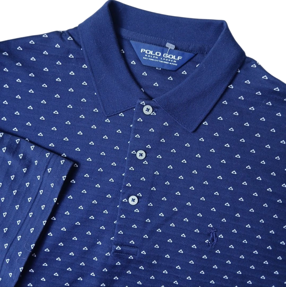 Polo‎ Golf Ralph Lauren Shirt Mens M Navy Blue Geometric AOP Pima Cotton Polo